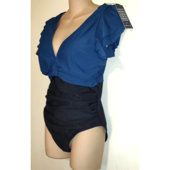 Bloomin Jelly Swimsuit LARGE Tiered Flutter Sleeves Ruching Turquoise Black NWT - Picture 2 of 16